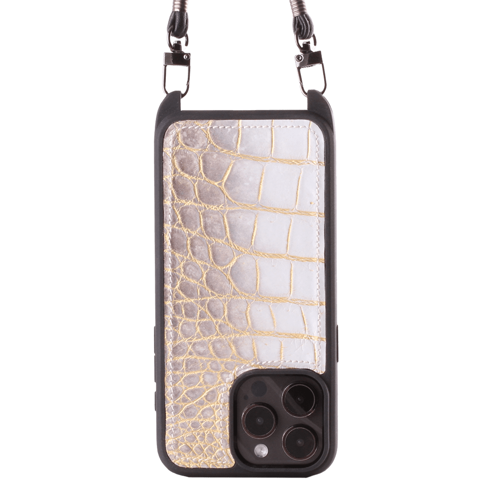 Iphone 15 Pro Max Case   Crocodylus Leather   Sling   Himalaya Gold   No Metalware   Versailles   Front Iphone 15 Pro Max Case   Crocodylus Leather   Sling   Himalaya Gold   No Metalware   Versailles   Front