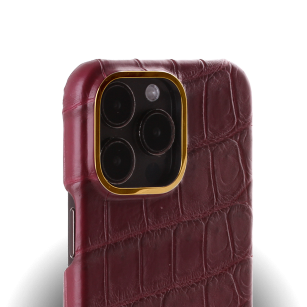 Case Type Iphone 15 Pro Max Case   Alligator Leather   Premium   Burgundy   Gold Metalware   Versailles   Tilted 2