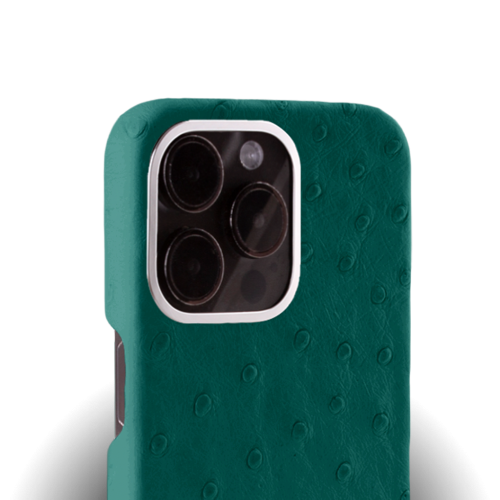 Case Type Iphone 15 Pro Max Case   Ostrich Leather   Premium   Green Forest   Steel Metalware   Versailles   Tilted 2