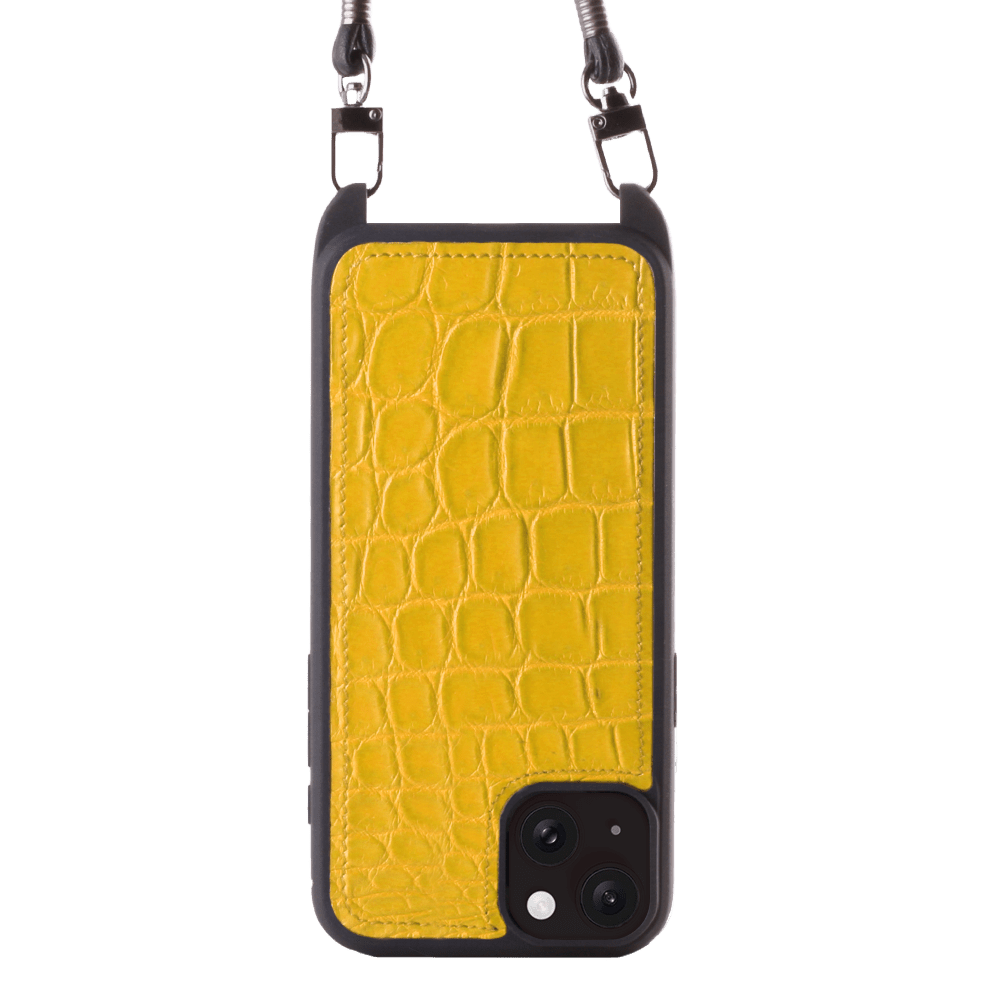 Iphone 15 Case   Alligator Leather   Sling   Yellow   No Metalware   Versailles   Front Iphone 15 Case   Alligator Leather   Sling   Yellow   No Metalware   Versailles   Front