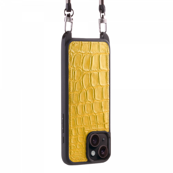 Iphone 15 Case   Alligator Leather   Sling   Yellow   No Metalware   Versailles   Tilt