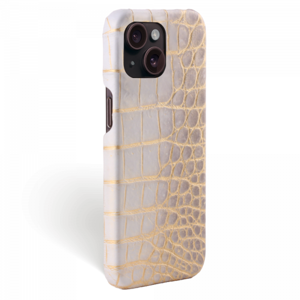 Iphone 15 Case   Crocodylus Leather   Signature   Himalaya Gold   No Metalware   Versailles   Tilt