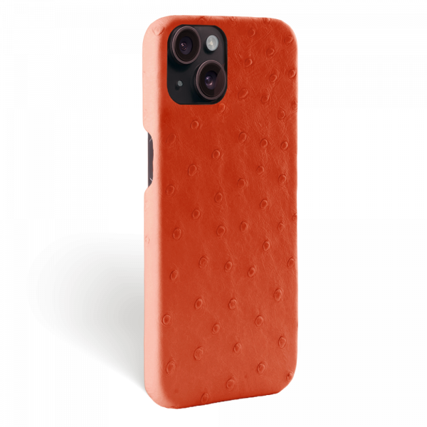 Iphone 15 Case   Ostrich Leather   Signature   Orange   No Metalware   Versailles   Tilt