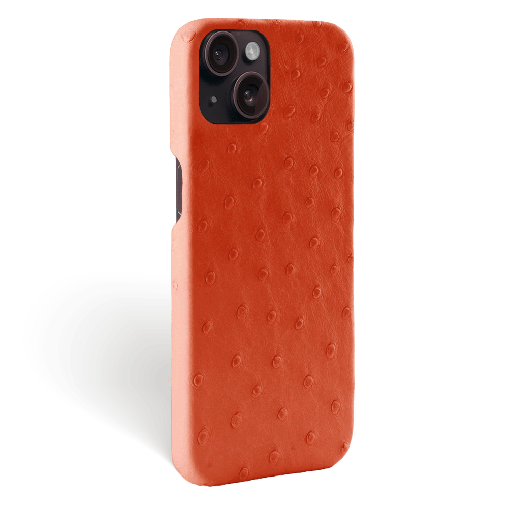 Iphone 15 Case   Ostrich Leather   Signature   Orange   No Metalware   Versailles   Tilt Iphone 15 Case   Ostrich Leather   Signature   Orange   No Metalware   Versailles   Tilt