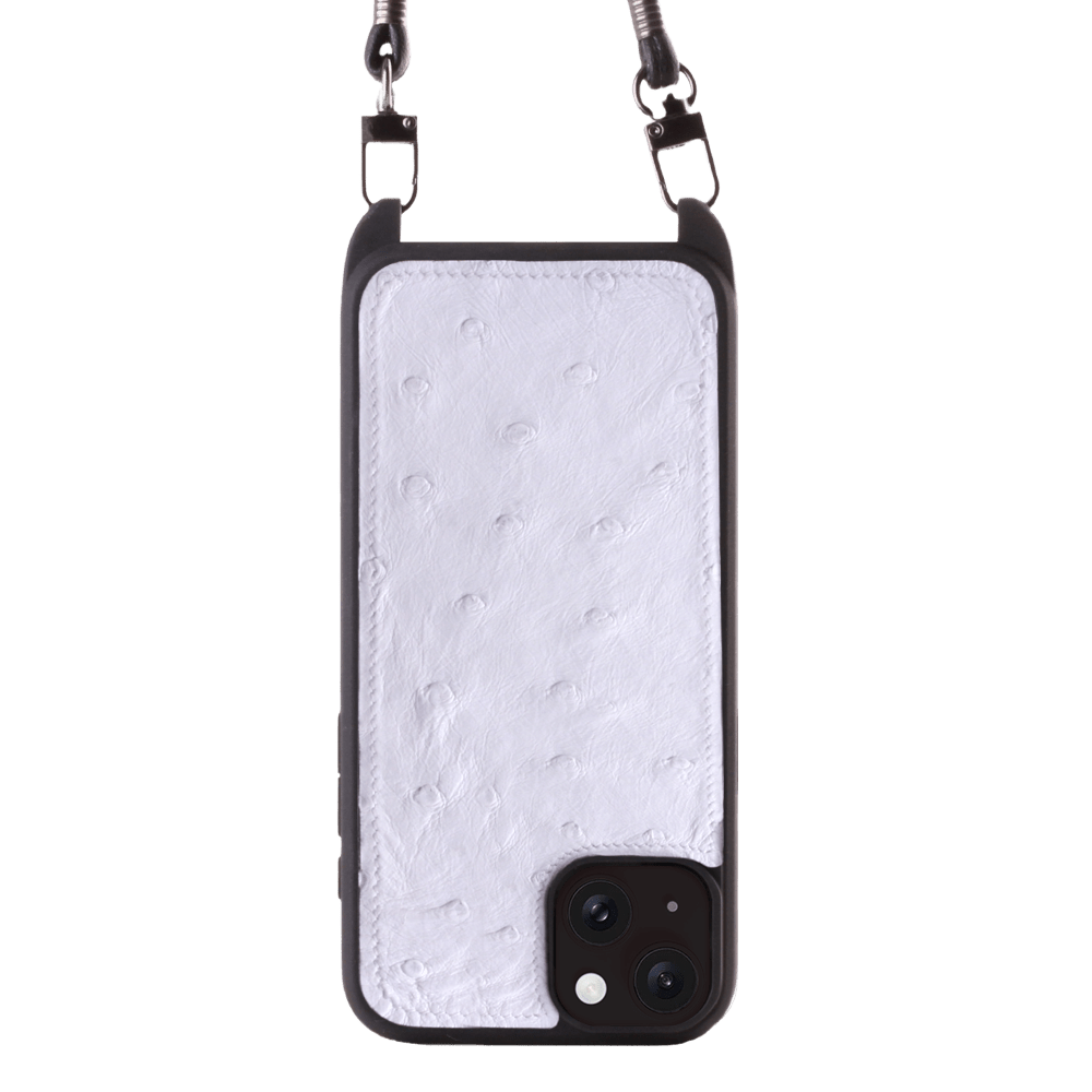 Iphone 15 Case   Ostrich Leather   Sling   White   No Metalware   Versailles   Front Iphone 15 Case   Ostrich Leather   Sling   White   No Metalware   Versailles   Front