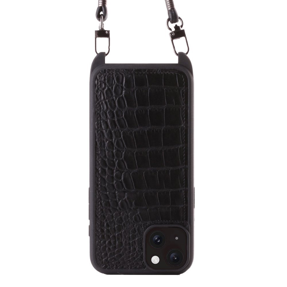 Iphone 15 Case   Sustainable Alligator Leather   Sling   Black   No Metalware   Versailles   Front Iphone 15 Case   Sustainable Alligator Leather   Sling   Black   No Metalware   Versailles   Front