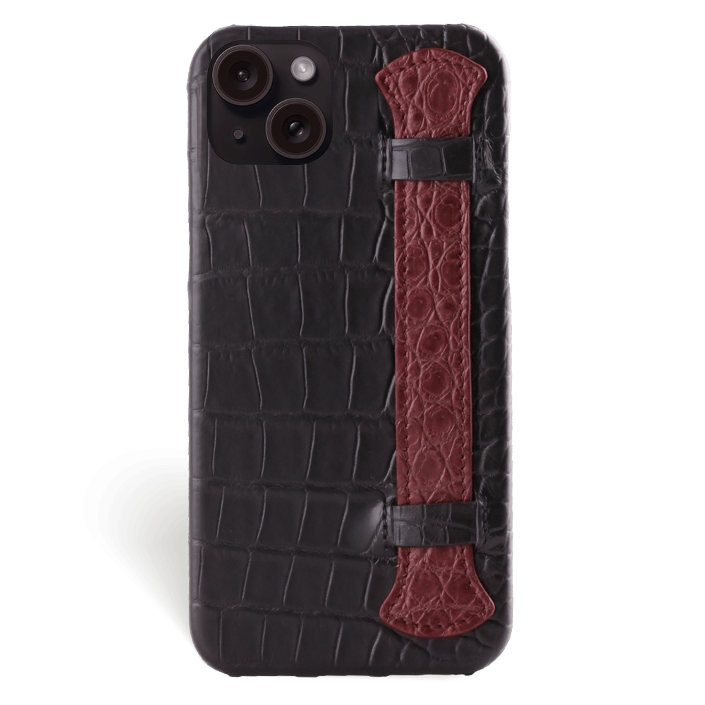 Iphone 15 Case Alligator Leather Handle Case Burgundy Versailles Front Iphone 15 Case Alligator Leather Handle Case Burgundy Versailles Front