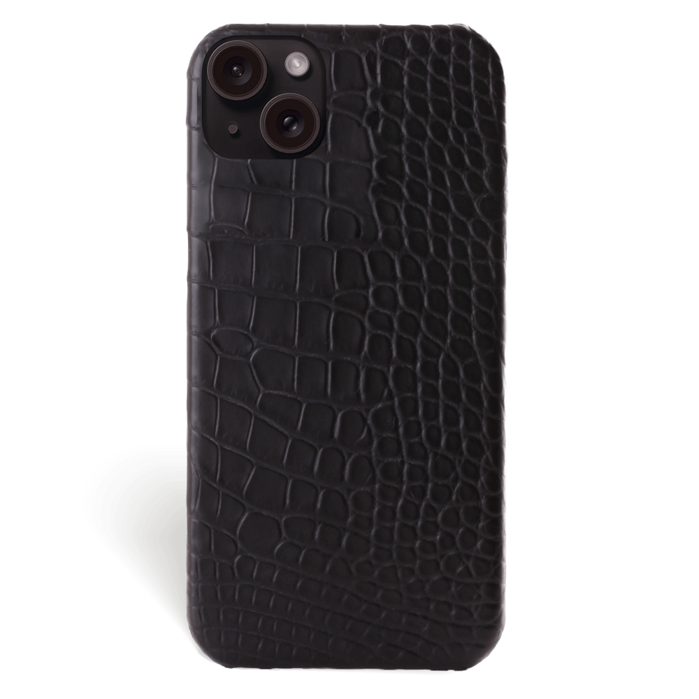 Iphone 15 Plus Case Alligator Leather Signature Black No Metalware Versailles Front Iphone 15 Plus Case Alligator Leather Signature Black No Metalware Versailles Front