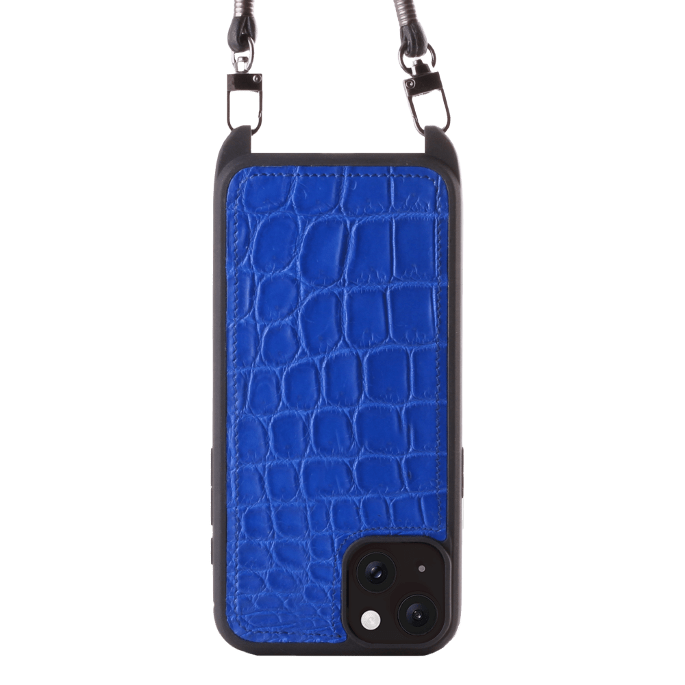 Iphone 15 Plus Case   Alligator Leather   Sling   Royal Blue   No Metalware   Versailles   Front Iphone 15 Plus Case   Alligator Leather   Sling   Royal Blue   No Metalware   Versailles   Front