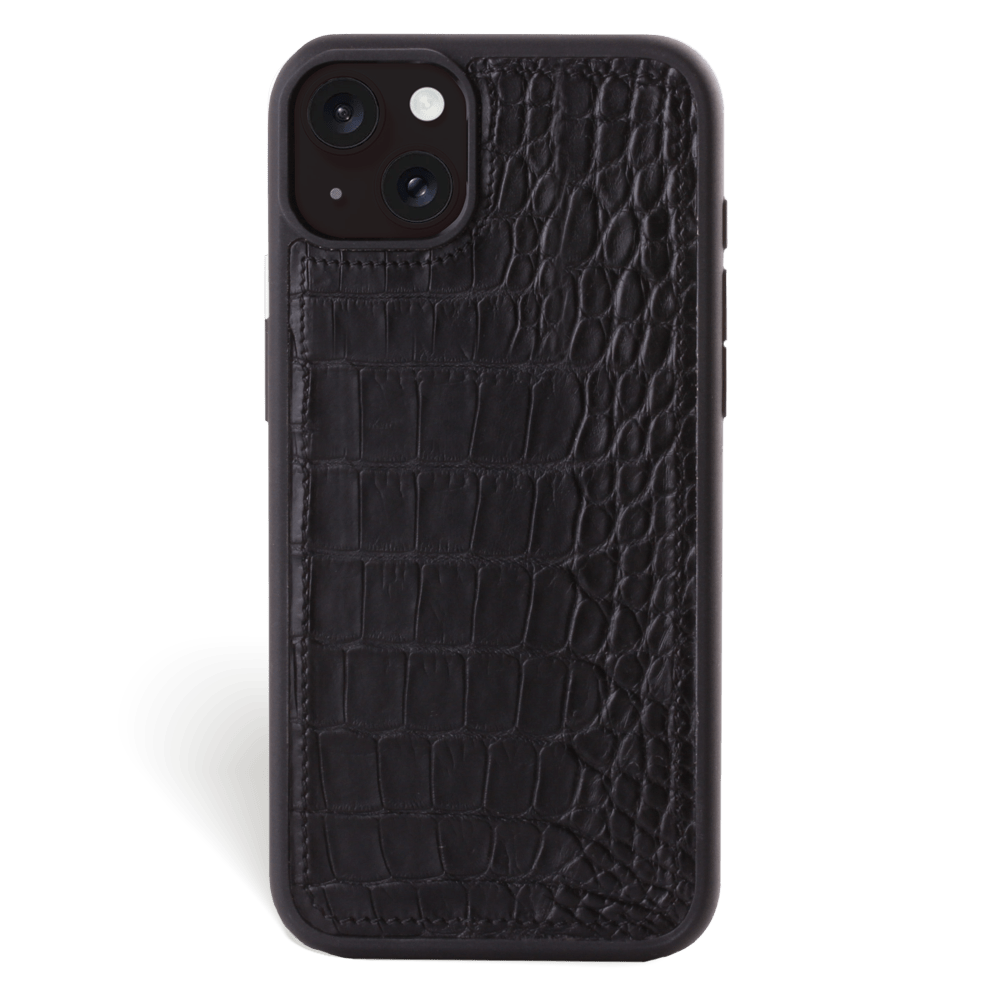Iphone 15 Plus Case   Alligator Leather   Sport Case   Black   No Metalware   Versailles   Front Iphone 15 Plus Case   Alligator Leather   Sport Case   Black   No Metalware   Versailles   Front