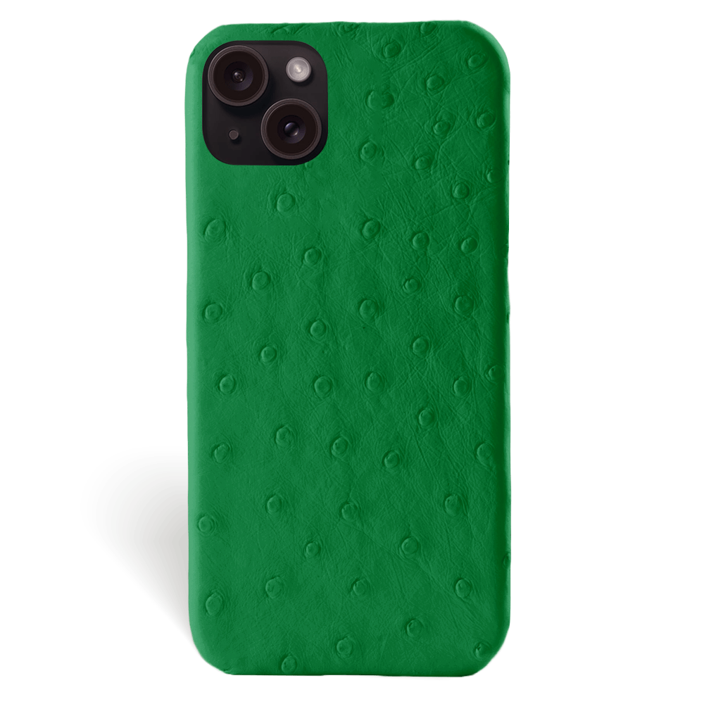 Iphone 15 Plus Case   Ostrich Leather   Signature   Green Kentucky   No Metalware   Versailles   Front Iphone 15 Plus Case   Ostrich Leather   Signature   Green Kentucky   No Metalware   Versailles   Front