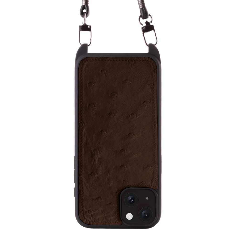 Iphone 15 Plus Case   Ostrich Leather   Sling   Chocolate   No Metalware   Versailles   Front Iphone 15 Plus Case   Ostrich Leather   Sling   Chocolate   No Metalware   Versailles   Front