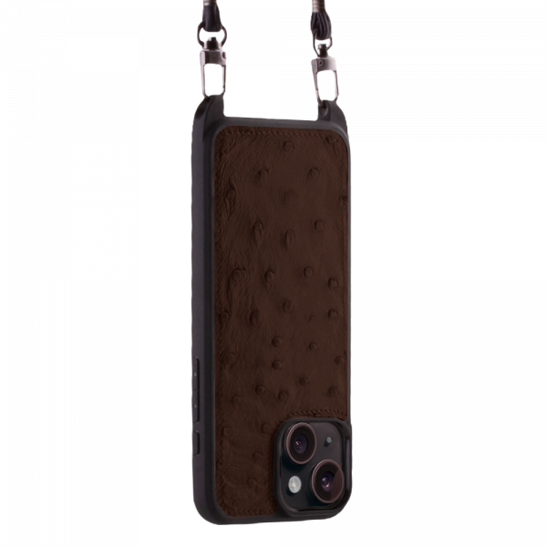 Iphone 15 Plus Case   Ostrich Leather   Sling   Chocolate   No Metalware   Versailles   Tilt