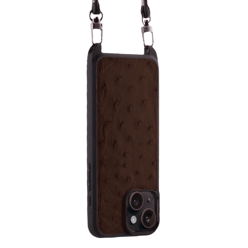 Iphone 15 Plus Case   Ostrich Leather   Sling   Chocolate   No Metalware   Versailles   Tilt Iphone 15 Plus Case   Ostrich Leather   Sling   Chocolate   No Metalware   Versailles   Tilt