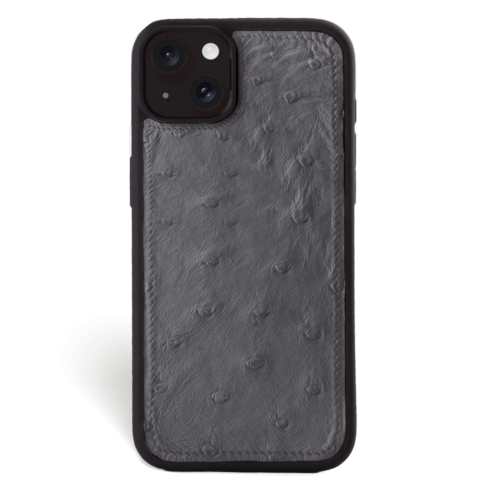 Iphone 15 Plus Case   Ostrich Leather   Sport Case   Grey   No Metalware   Versailles   Front Iphone 15 Plus Case   Ostrich Leather   Sport Case   Grey   No Metalware   Versailles   Front