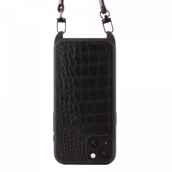 Iphone 15 Plus Case   Sustainable Alligator Leather   Sling   Black   No Metalware   Versailles   Front