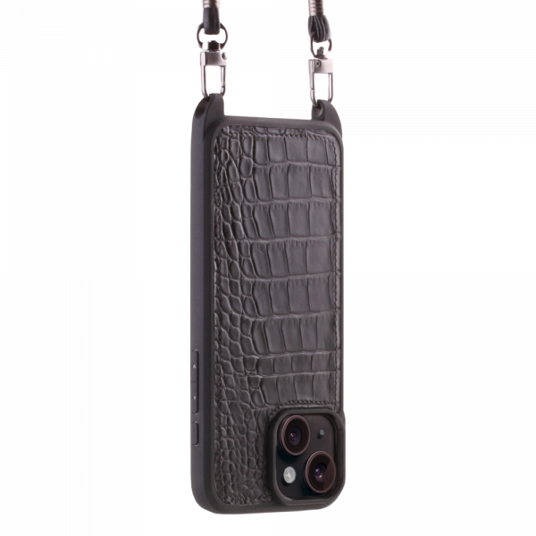 Iphone 15 Plus Case   Sustainable Alligator Leather   Sling   Black   No Metalware   Versailles   Tilt