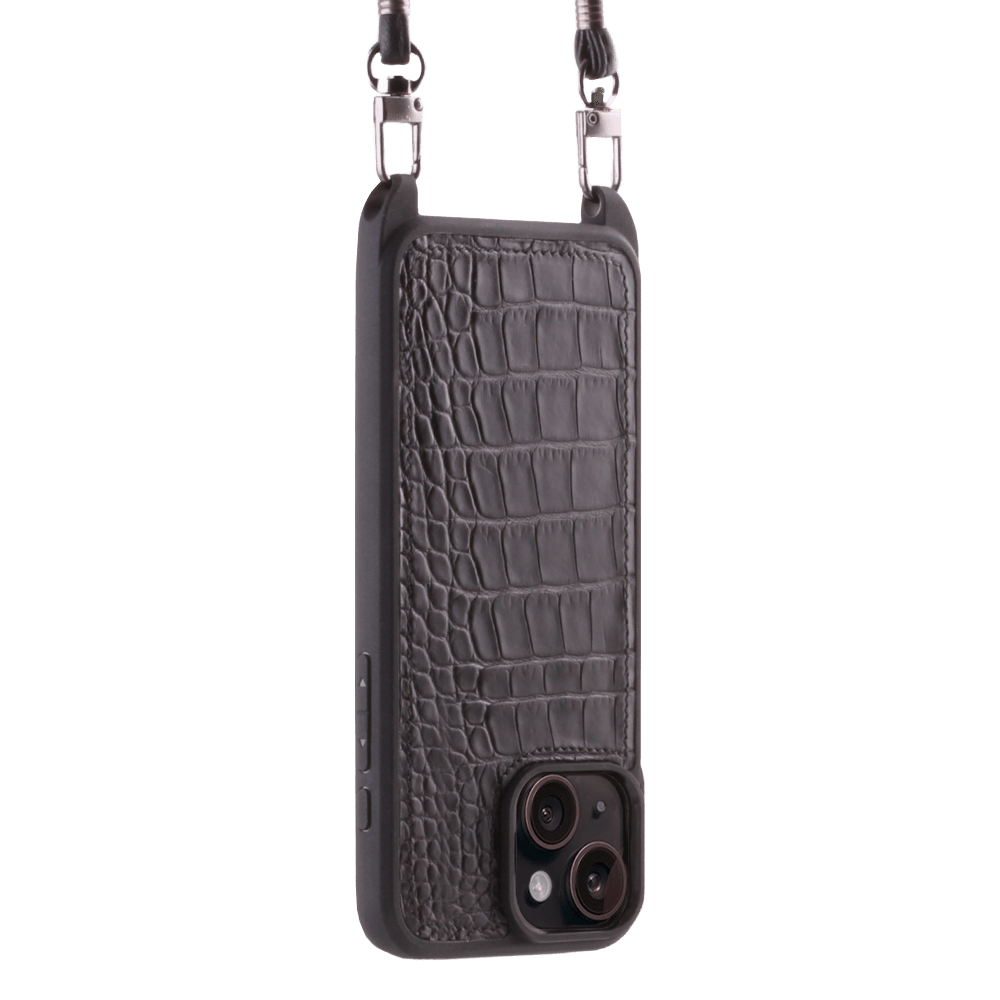 Iphone 15 Plus Case   Sustainable Alligator Leather   Sling   Black   No Metalware   Versailles   Tilt Iphone 15 Plus Case   Sustainable Alligator Leather   Sling   Black   No Metalware   Versailles   Tilt