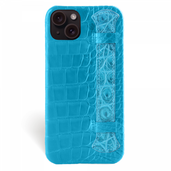 Iphone 15 Plus Case   Alligator Leather   Handle Case   Full Color Curacao Blue   Versailles   Front