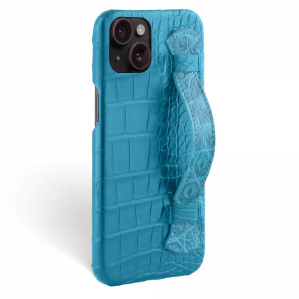 Iphone 15 Plus Case   Full Color   Alligator Leather   Handle Case   Full Color   Curacao Blue   Versailles   Tilt