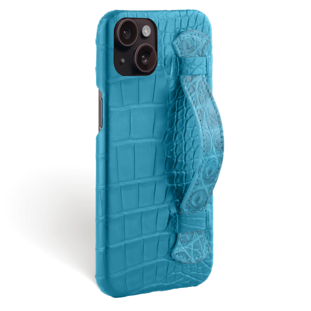 Iphone 15 Plus Case   Full Color   Alligator Leather   Handle Case   Full Color   Curacao Blue   Versailles   Tilt