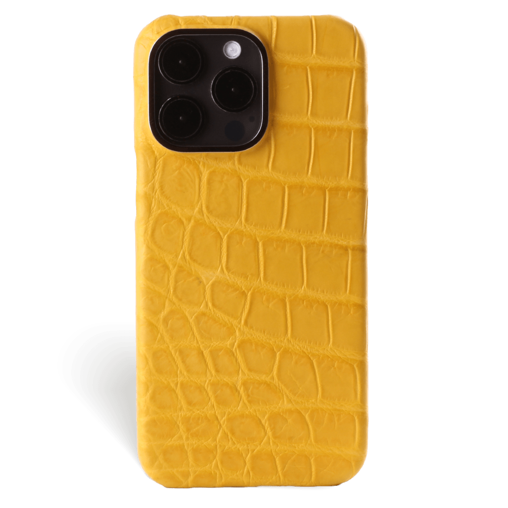 Iphone 15 Pro Case   Alligator Leather   Premium   Yellow   Black Metalware   Versailles   Front Iphone 15 Pro Case   Alligator Leather   Premium   Yellow   Black Metalware   Versailles   Front
