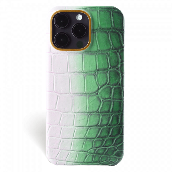 Iphone 15 Pro Case   Crocodylus Leather   Premium   Himalaya Green   Gold Metalware   Versailles   Front