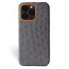 Iphone 15 Pro Case   Ostrich Leather   Premium   Grey   Gold Metalware   Versailles   Front