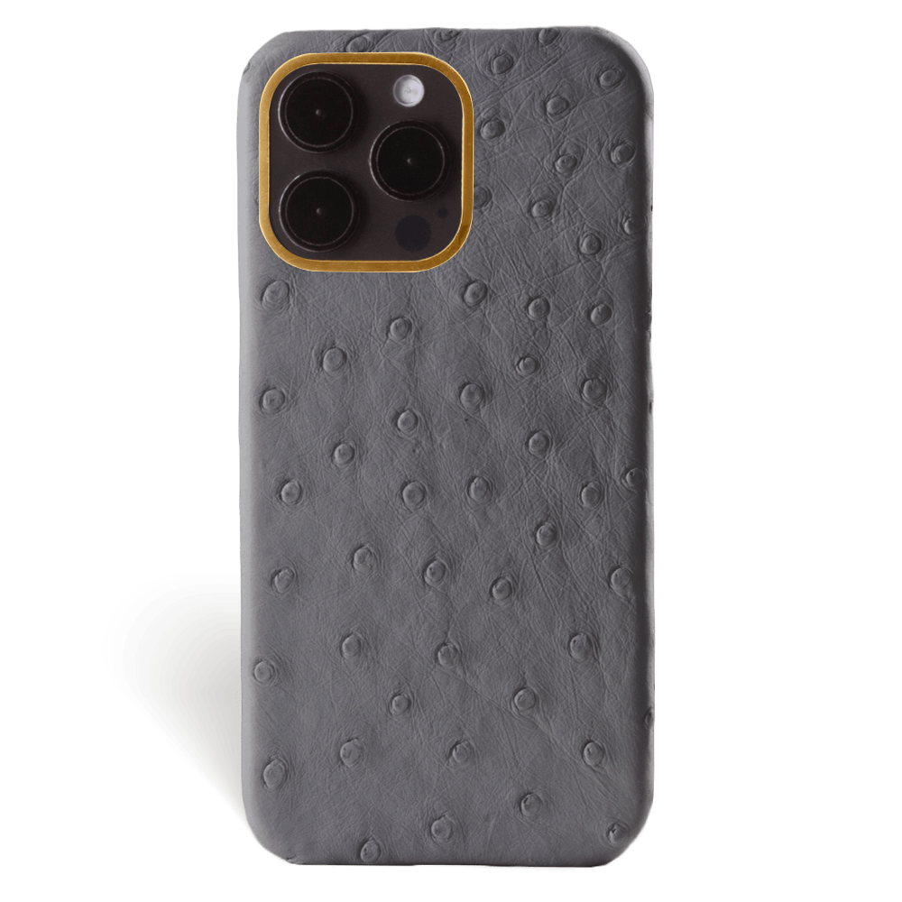 Iphone 15 Pro Case   Ostrich Leather   Premium   Grey   Gold Metalware   Versailles   Front Iphone 15 Pro Case   Ostrich Leather   Premium   Grey   Gold Metalware   Versailles   Front