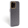 Iphone 15 Pro Case   Ostrich Leather   Premium   Grey   Gold Metalware   Versailles   Tilt