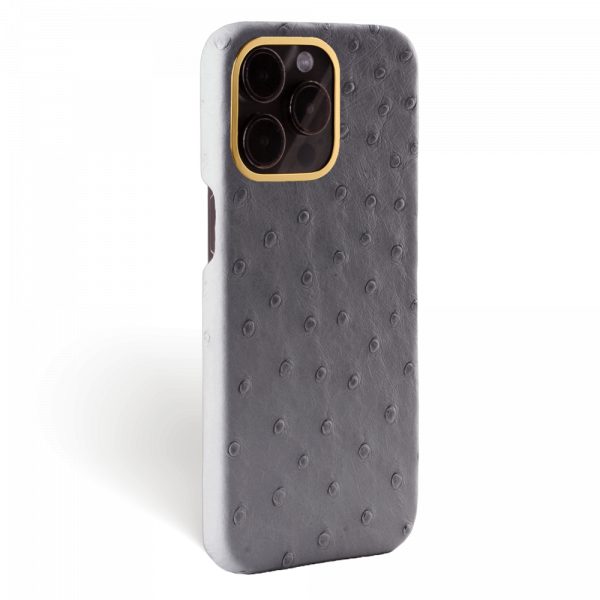 Iphone 15 Pro Case   Ostrich Leather   Premium   Grey   Gold Metalware   Versailles   Tilt