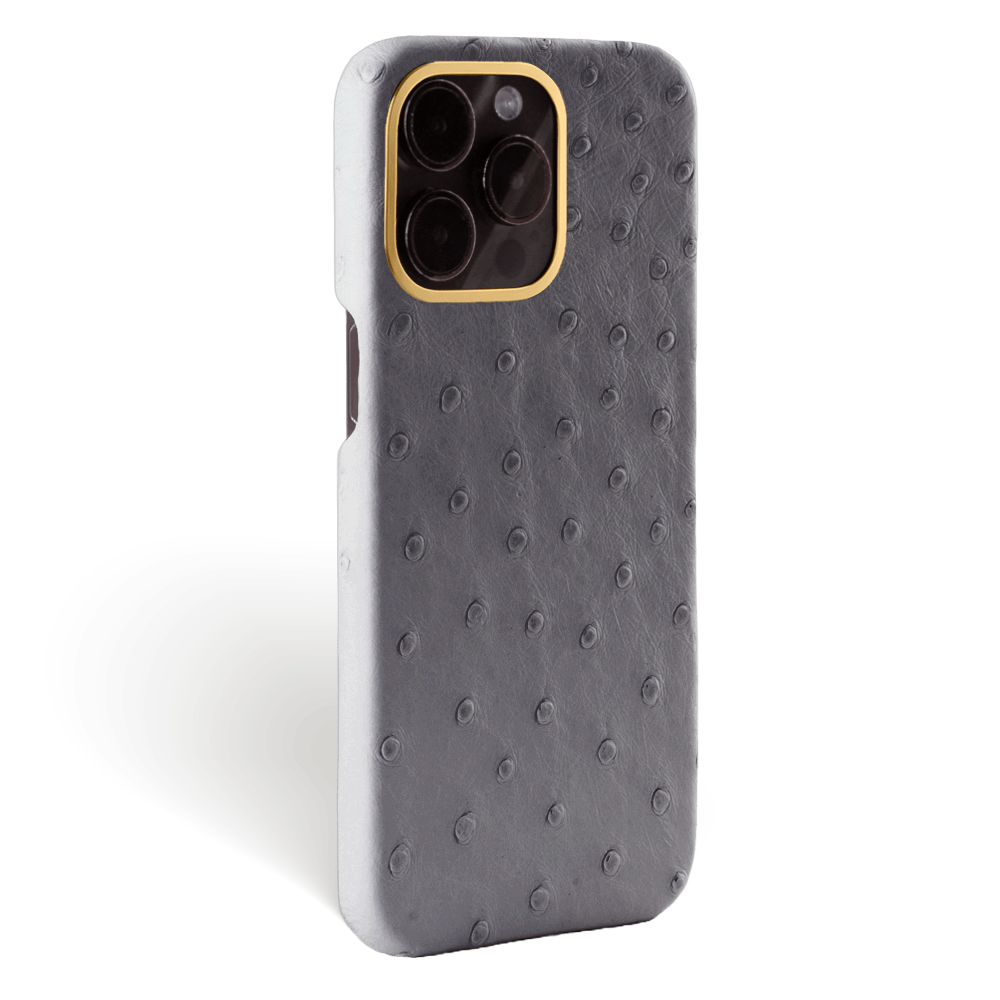 Iphone 15 Pro Case   Ostrich Leather   Premium   Grey   Gold Metalware   Versailles   Tilt Iphone 15 Pro Case   Ostrich Leather   Premium   Grey   Gold Metalware   Versailles   Tilt