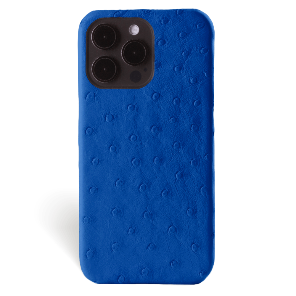 Iphone 15 Pro Case   Ostrich Leather   Signature   Royal Blue   No Metalware   Versailles   Front Iphone 15 Pro Case   Ostrich Leather   Signature   Royal Blue   No Metalware   Versailles   Front