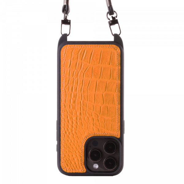 Iphone 15 Pro   Case   Alligator Leather   Sling   Orange   No Metalware   Versailles   Front