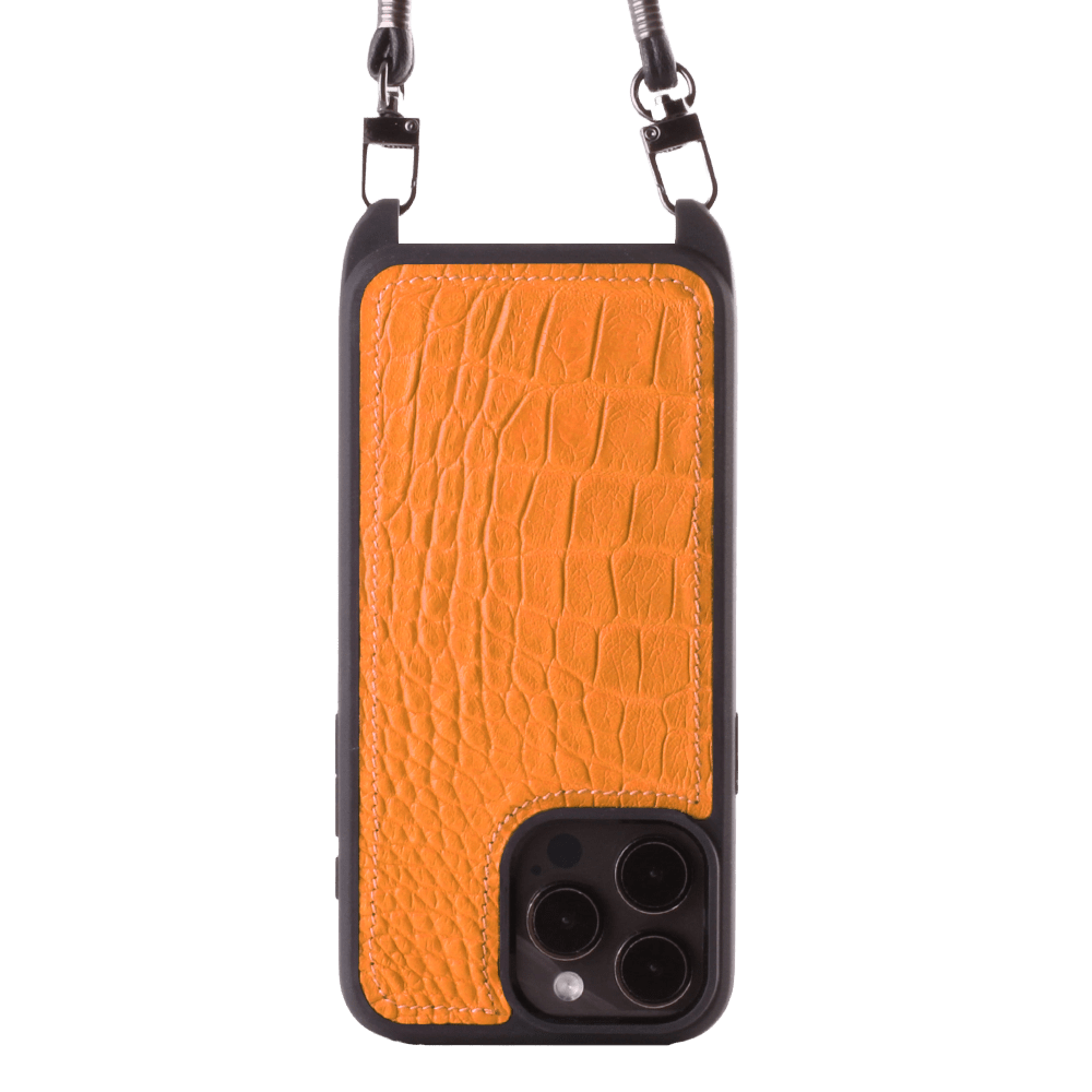 Iphone 15 Pro   Case   Alligator Leather   Sling   Orange   No Metalware   Versailles   Front Iphone 15 Pro   Case   Alligator Leather   Sling   Orange   No Metalware   Versailles   Front
