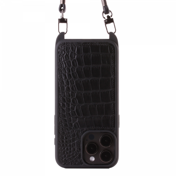 Iphone 15 Pro   Case   Sustainable Alligator Leather   Sling   Black   No Metalware   Versailles   Front