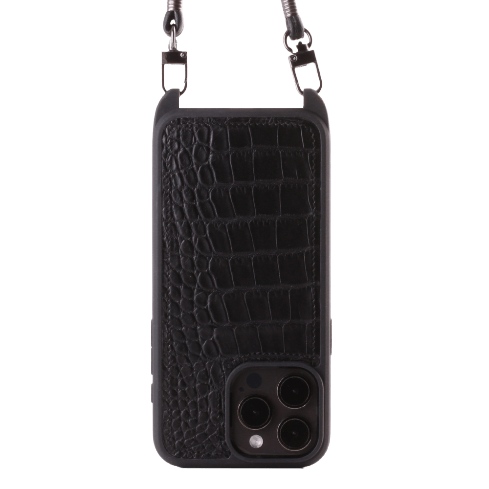 Iphone 15 Pro   Case   Sustainable Alligator Leather   Sling   Black   No Metalware   Versailles   Front Iphone 15 Pro   Case   Sustainable Alligator Leather   Sling   Black   No Metalware   Versailles   Front