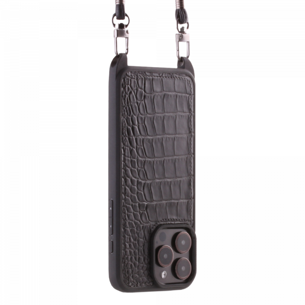 Iphone 15 Pro   Case   Sustainable Alligator Leather   Sling   Black   No Metalware   Versailles   Tilt