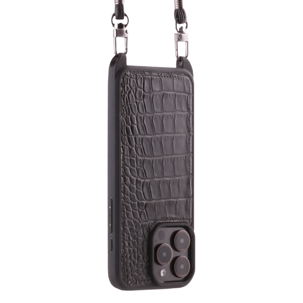 Iphone 15 Pro   Case   Sustainable Alligator Leather   Sling   Black   No Metalware   Versailles   Tilt Iphone 15 Pro   Case   Sustainable Alligator Leather   Sling   Black   No Metalware   Versailles   Tilt