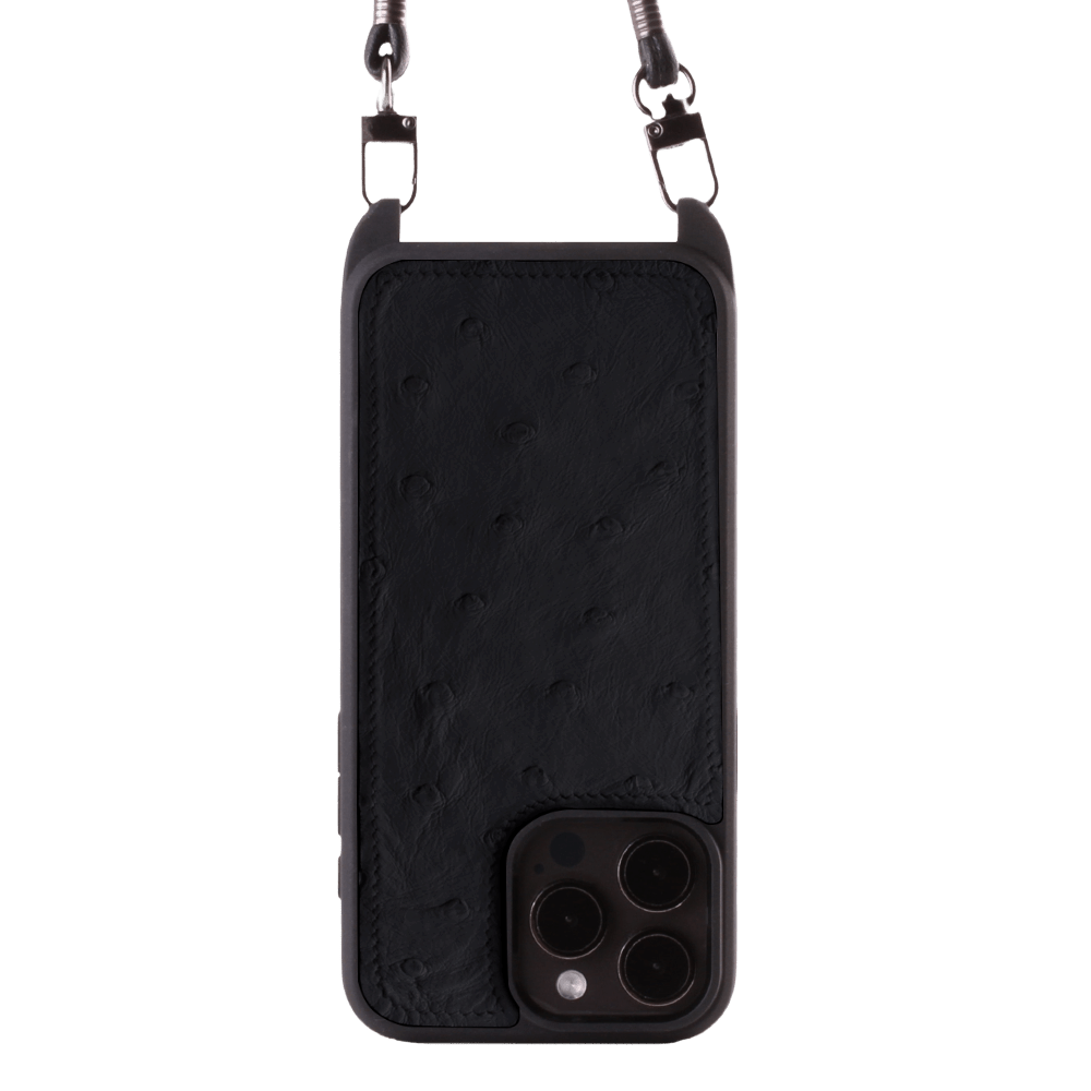 Iphone 15 Pro Case   Ostrich Leather   Sling   Black   No Metalware   Versailles   Front Iphone 15 Pro Case   Ostrich Leather   Sling   Black   No Metalware   Versailles   Front