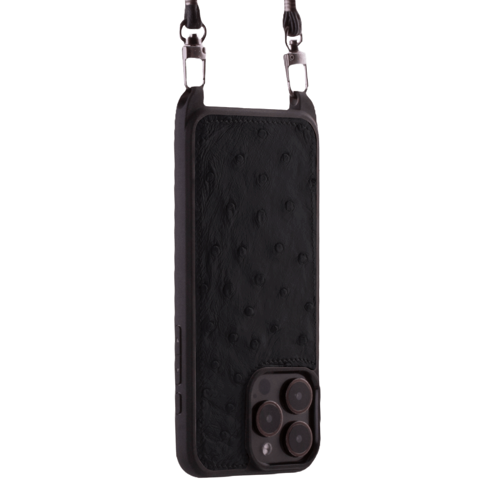 Iphone 15 Pro Case   Ostrich Leather   Sling   Black   No Metalware   Versailles   Tilt Iphone 15 Pro Case   Ostrich Leather   Sling   Black   No Metalware   Versailles   Tilt