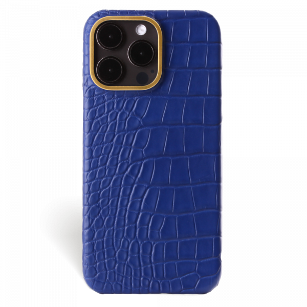 Iphone 15 Pro Max Case   Alligator Leather   Premium   Royal Blue   Gold Metalware   Versailles   Front