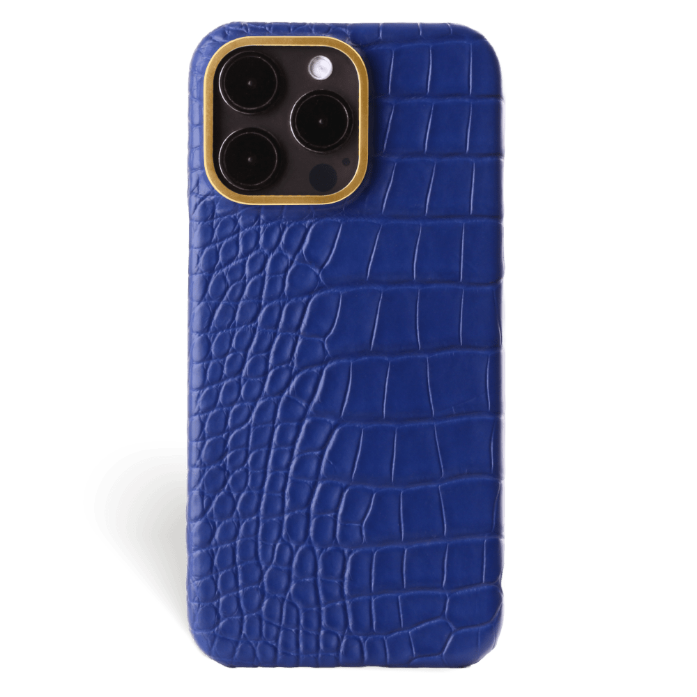 Iphone 15 Pro Max Case   Alligator Leather   Premium   Royal Blue   Gold Metalware   Versailles   Front Iphone 15 Pro Max Case   Alligator Leather   Premium   Royal Blue   Gold Metalware   Versailles   Front