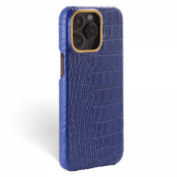Iphone 15 Pro Max Case   Alligator Leather   Premium   Royal Blue   Gold Metalware   Versailles   Tilt