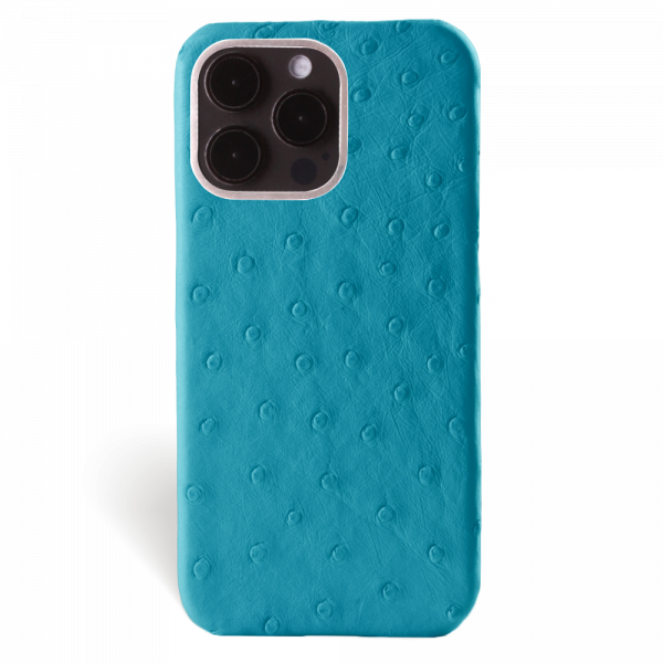Iphone 15 Pro Max Case   Ostrich Leather   Premium   Turquoise   Steel Metalware   Versailles   Front