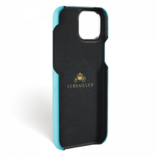 Iphone 15 Pro Max Case   Ostrich Leather   Premium   Turquoise   Steel Metalware   Versailles   Inside