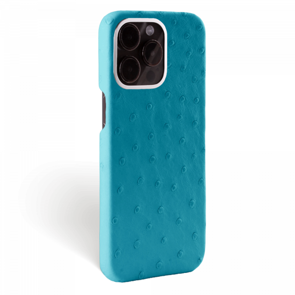 Iphone 15 Pro Max Case   Ostrich Leather   Premium   Turquoise   Steel Metalware   Versailles   Tilt