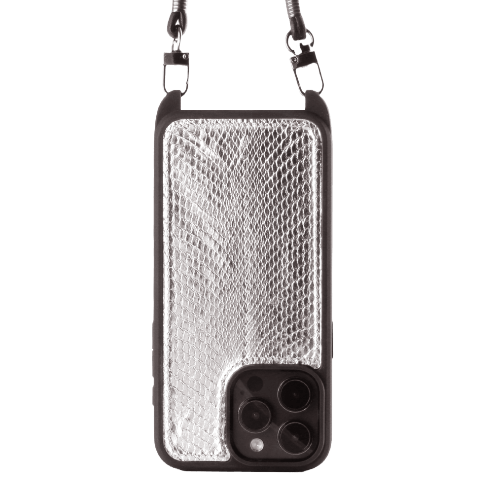 Iphone 15 Pro Max Case   Python Leather   Sling   Silver   No Metalware   Versailles   Front Iphone 15 Pro Max Case   Python Leather   Sling   Silver   No Metalware   Versailles   Front