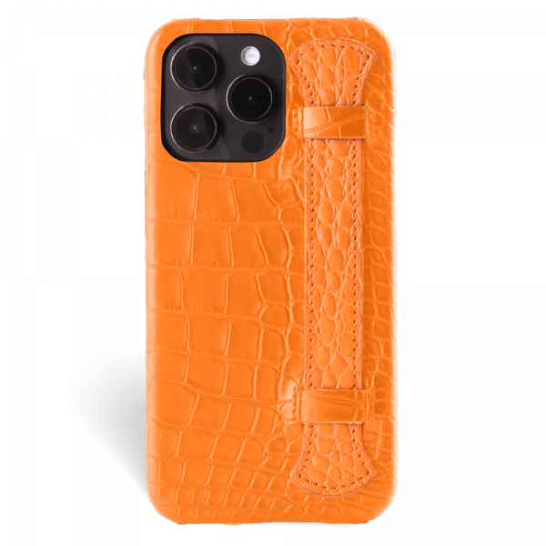 Iphone 15 Pro Max Case   Alligator Leather   Handle Case   Full Color Orange   Versailles   Front