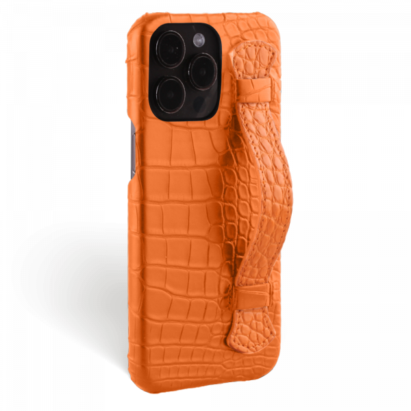Iphone 15 Pro Max Case   Full Color   Alligator Leather   Handle Case   Full Color   Orange   Versailles   Tilt